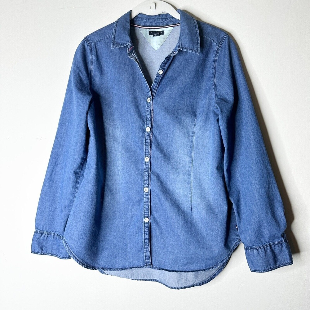 TOMMY HILFIGER Vintage‎ Denim Shirt Girls XL Button Up Down Contrast Cuffs Y2K